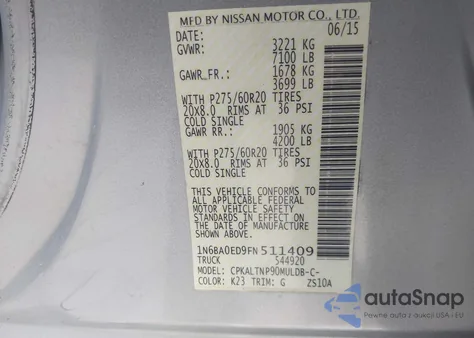 2015 Nissan Titan Sv z USA, uszkodzony, nr VIN 1N6BA0ED9FN511409